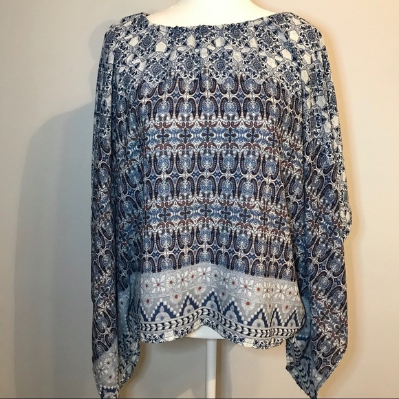 Forever 21 Boho Blouse Medium Blue Multi Flowy - Picture 1 of 8